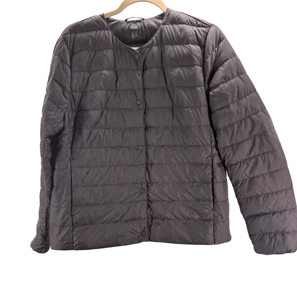 Uniqlo Ultra Light Down Jacket Gray L Women Puffer Snap Front Collarless Coat